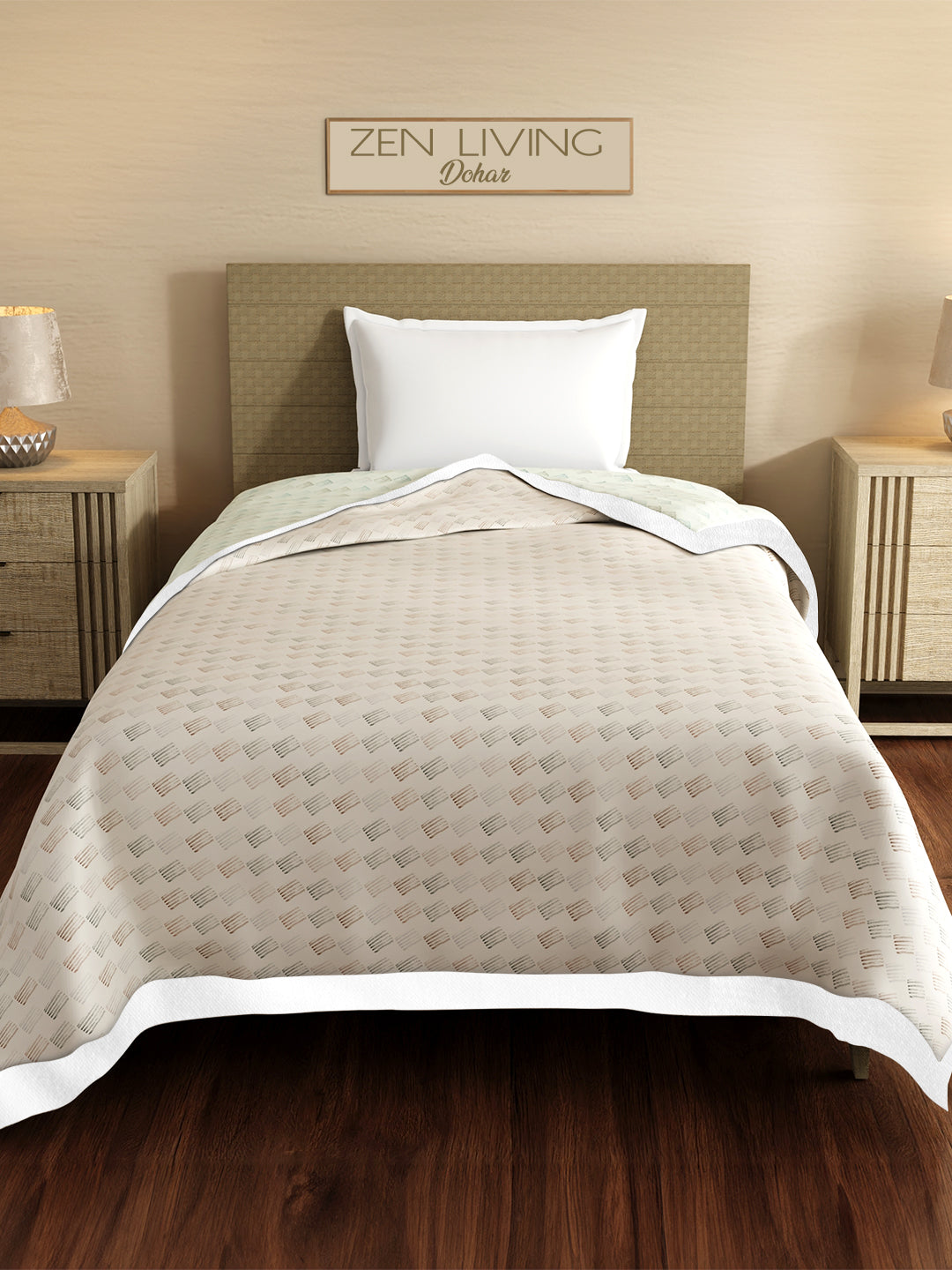 Reversible Single Size Dohar, TENCEL™ 250 TC, Beige & White Printed (90 L x 60 W inches), Zen Living