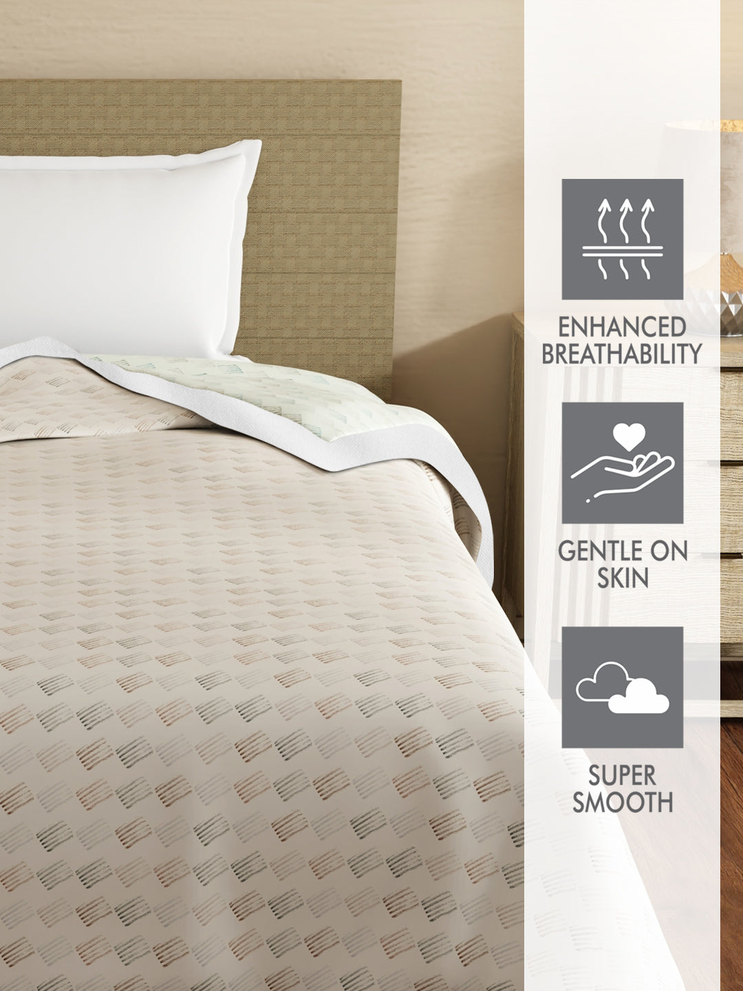 Reversible Single Size Dohar, TENCEL™ 250 TC, Beige & White Printed (90 L x 60 W inches), Zen Living