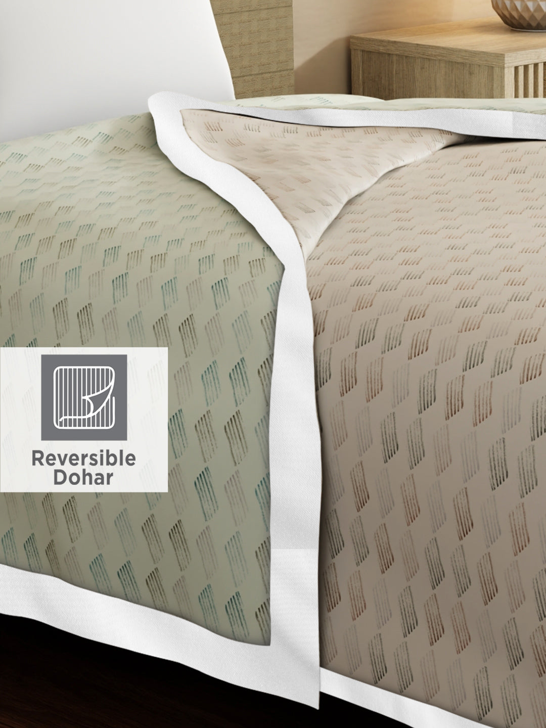 Reversible Single Size Dohar, TENCEL™ 250 TC, Beige & White Printed (90 L x 60 W inches), Zen Living