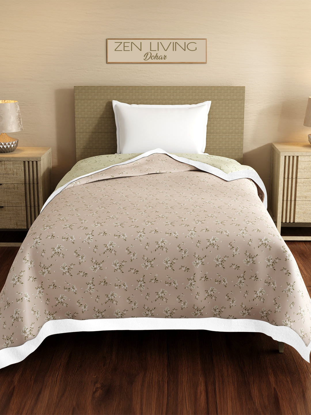 Reversible Single Size Dohar, TENCEL™ 250 TC, Pink & Grey Floral (90 L x 60 W inches), Zen Living