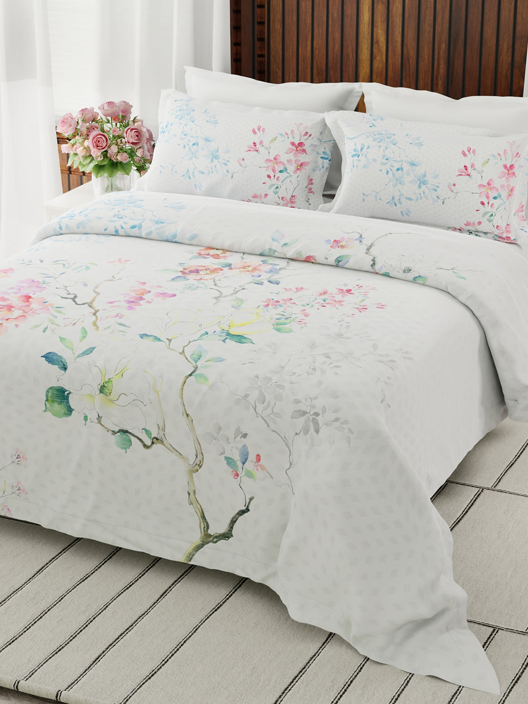 Gardenia Augusta 100% Cotton 300 TC White Floral Bedsheet with 2 Pillow Covers - Super King (120 L x 120 W inches)