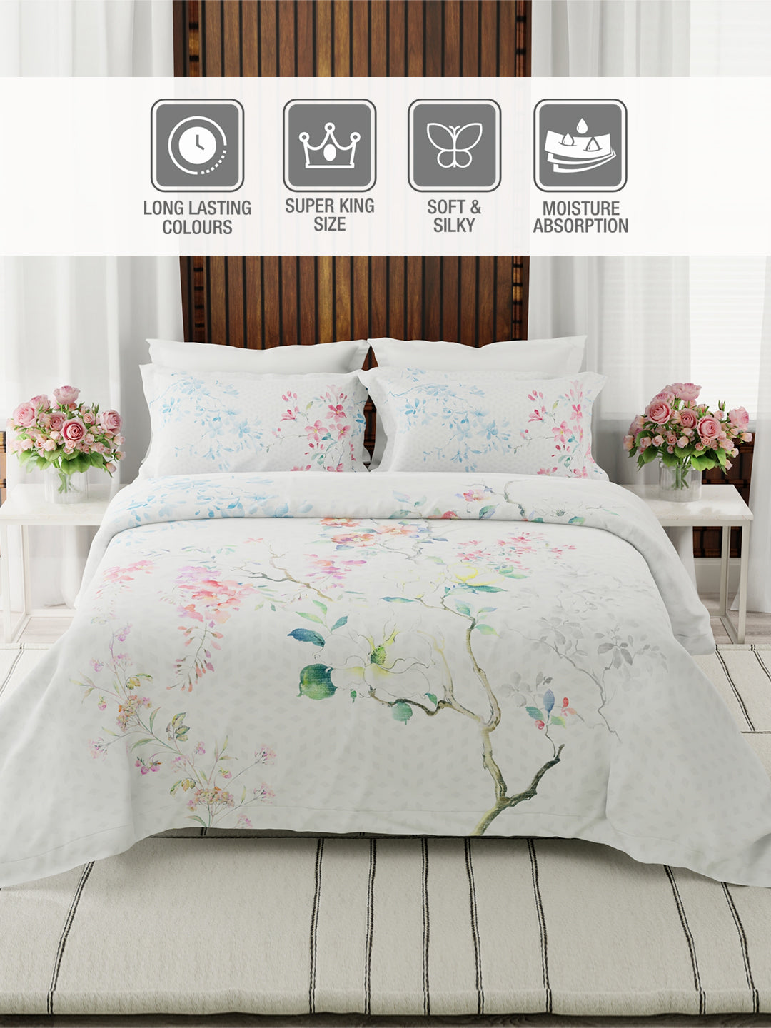 Gardenia Augusta 100% Cotton 300 TC White Floral Bedsheet with 2 Pillow Covers - Super King (120 L x 120 W inches)