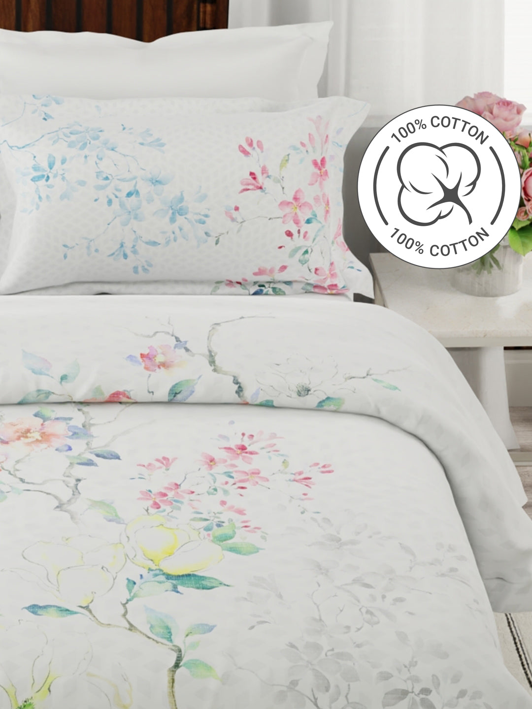 Gardenia Augusta 100% Cotton 300 TC White Floral Bedsheet with 2 Pillow Covers - Super King (120 L x 120 W inches)