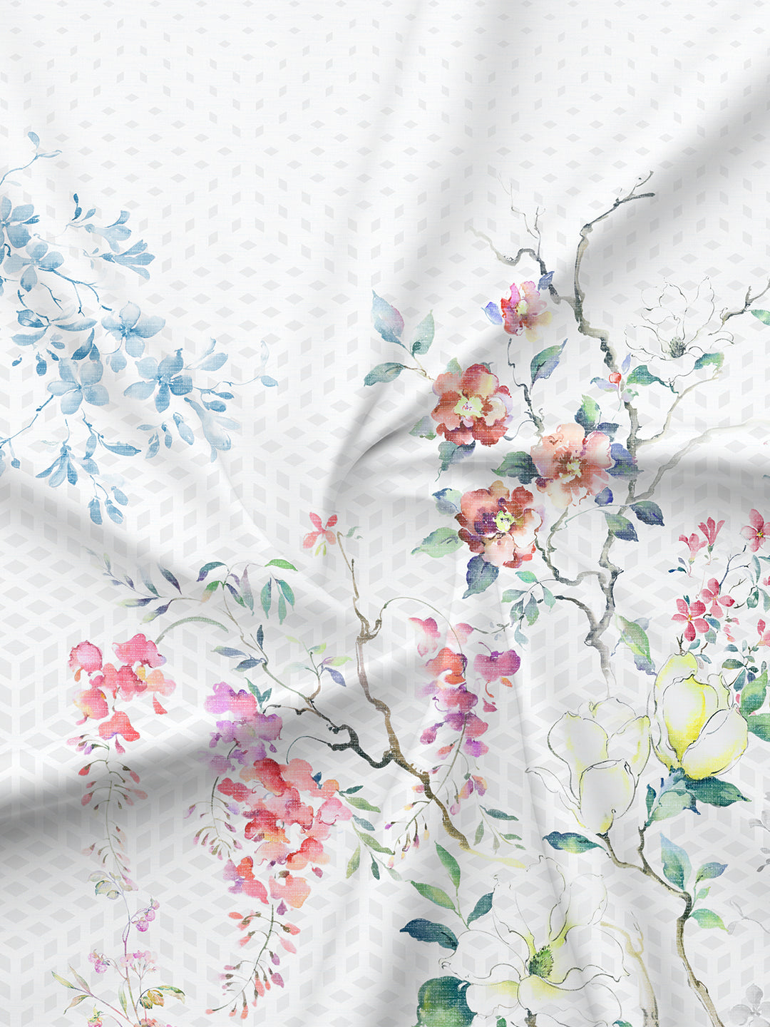 Gardenia Augusta 100% Cotton 300 TC White Floral Bedsheet with 2 Pillow Covers - Super King (120 L x 120 W inches)