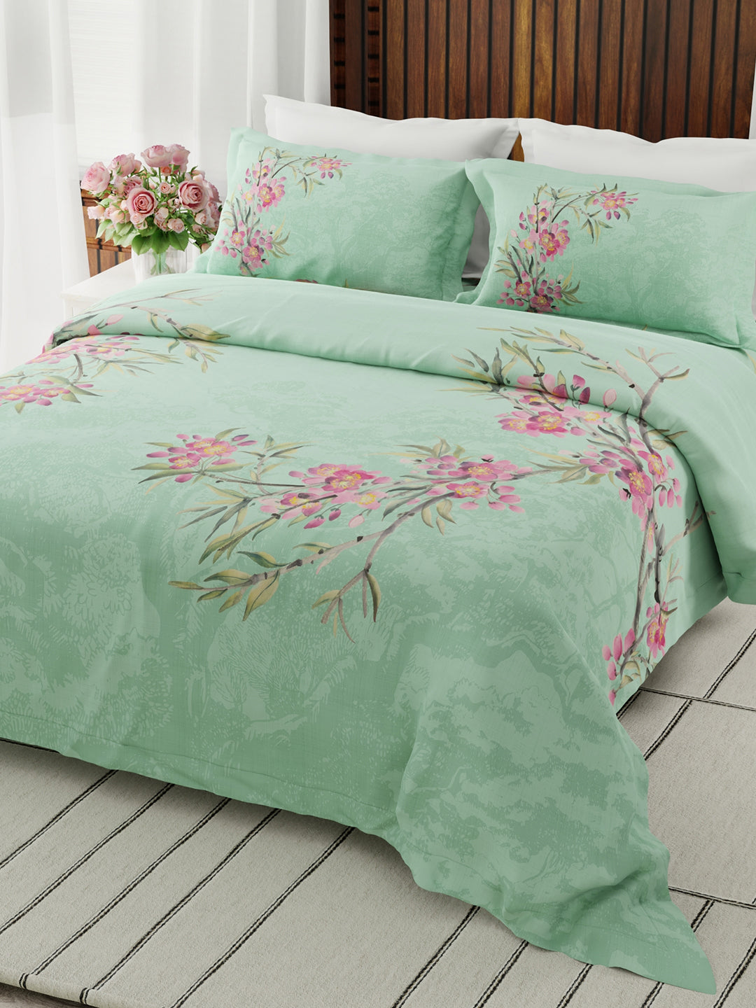 Gardenia Augusta 100% Cotton 300 TC Green Floral Bedsheet with 2 Pillow Covers - Super King (120 L x 120 W inches)