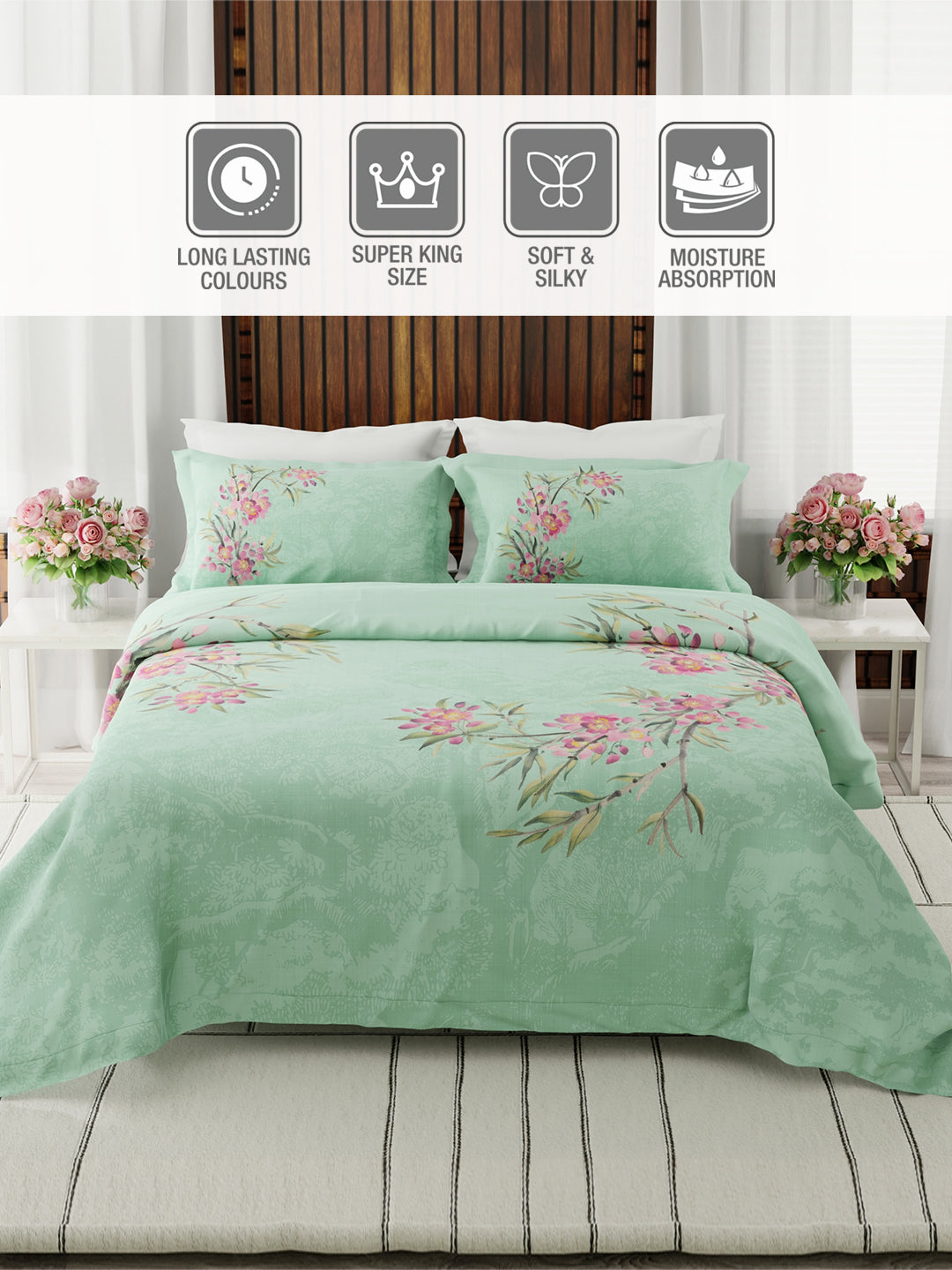 Gardenia Augusta 100% Cotton 300 TC Green Floral Bedsheet with 2 Pillow Covers - Super King (120 L x 120 W inches)