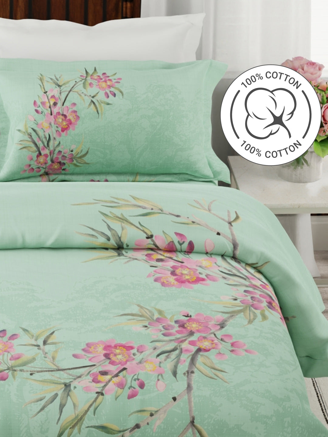 Gardenia Augusta 100% Cotton 300 TC Green Floral Bedsheet with 2 Pillow Covers - Super King (120 L x 120 W inches)