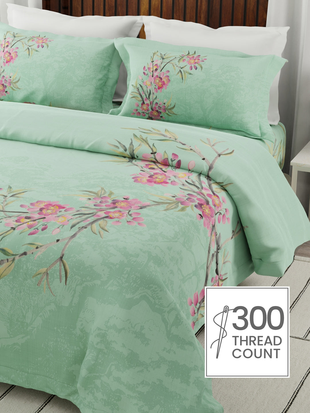Boutique Living bedsheet category featuring premium 300 TC 100% cotton floral bedsheets in elegant green designs for super king beds.