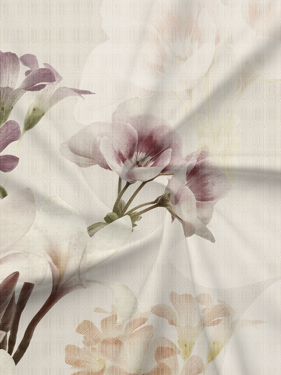 Floral patterned fabric with pink and white flowers on a textured beige background