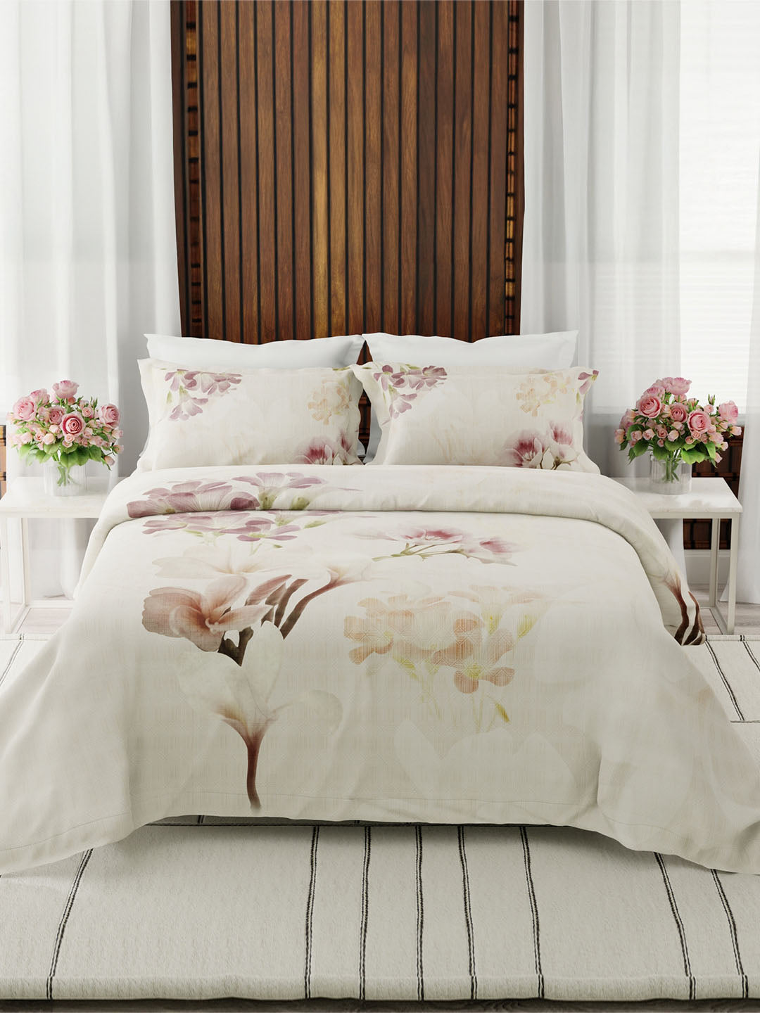 Gardenia Augusta 100% Cotton 300 TC Cream Floral Bedsheet with 2 Pillow Covers - Super King (120 L x 120 W inches)