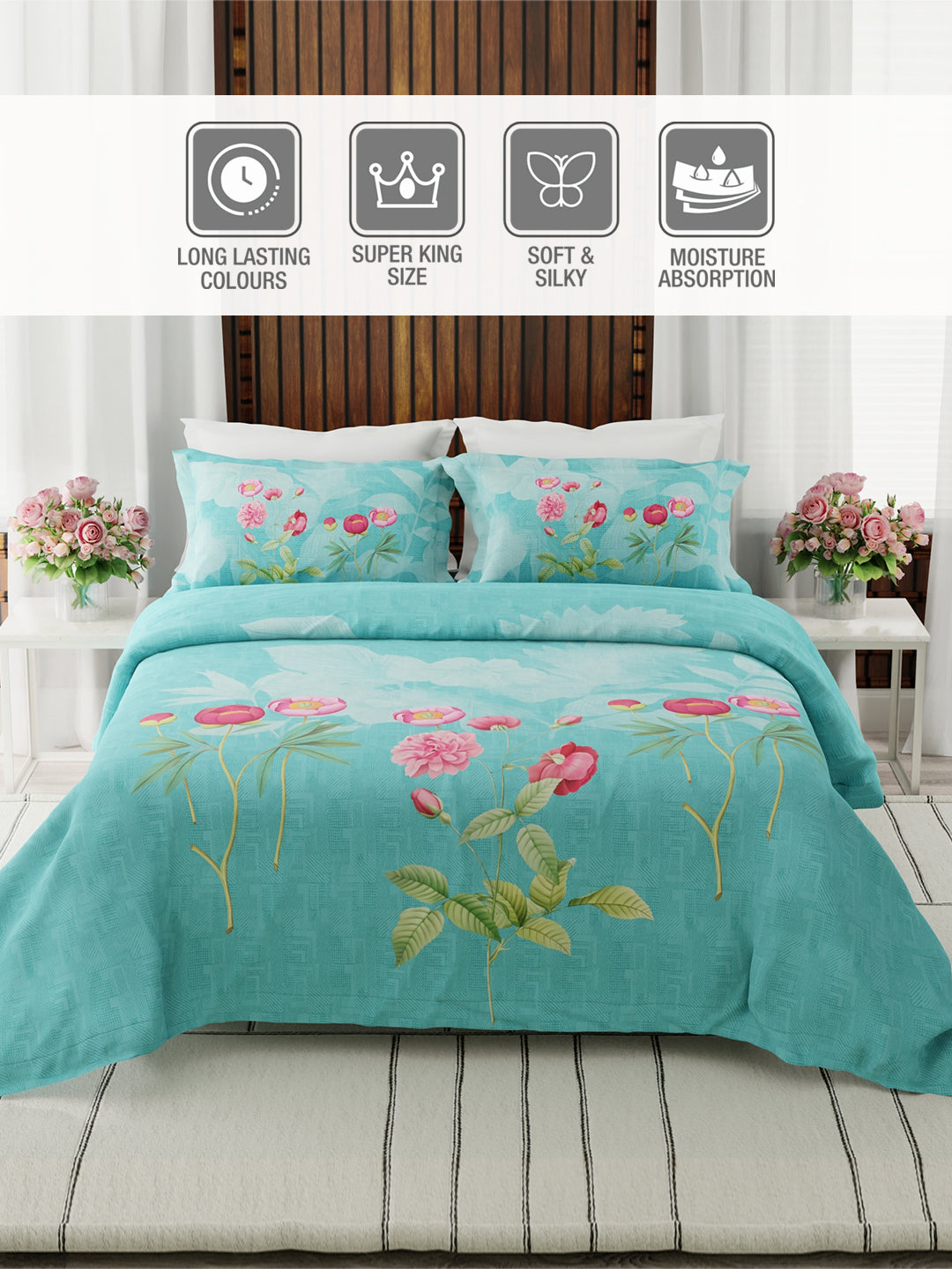 Gardenia Augusta 100% Cotton 300 TC Blue Floral Bedsheet with 2 Pillow Covers - Super King (120 L x 120 W inches)