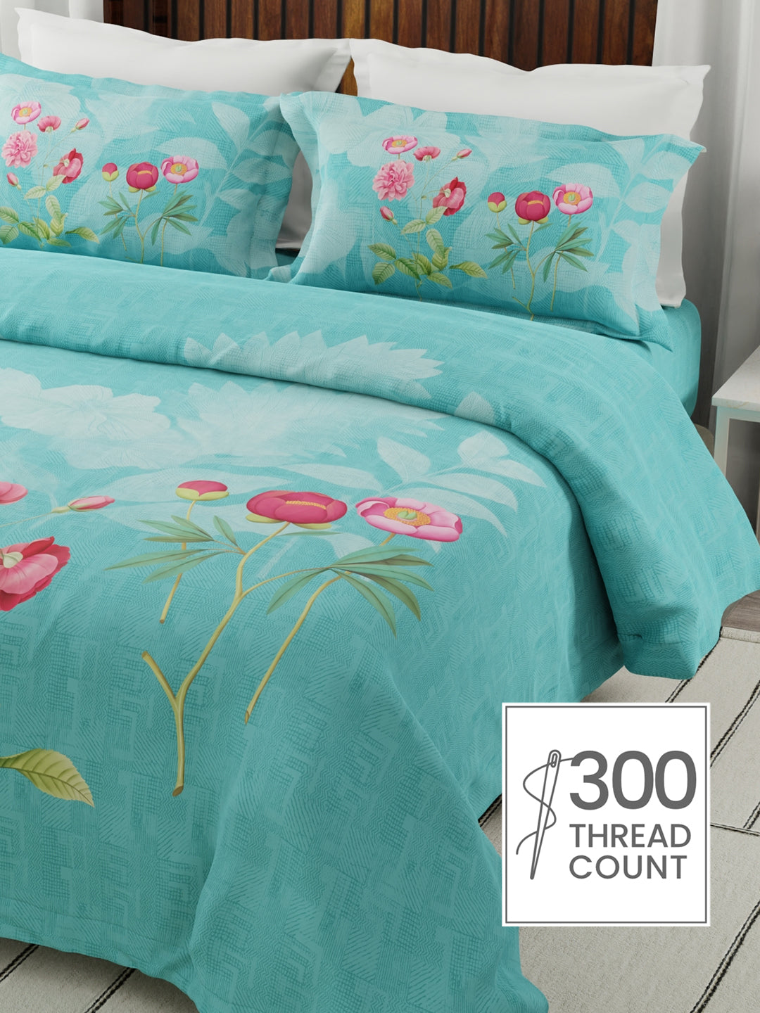 Gardenia Augusta 100% Cotton 300 TC Blue Floral Bedsheet with 2 Pillow Covers - Super King (120 L x 120 W inches)