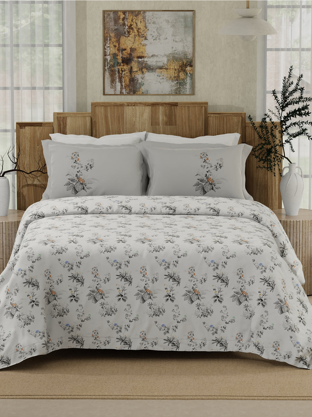 100% Cotton 300 TC White & Grey Digital Floral Print King Bedsheet with 2 Pillow Covers - Gardenia Augusta