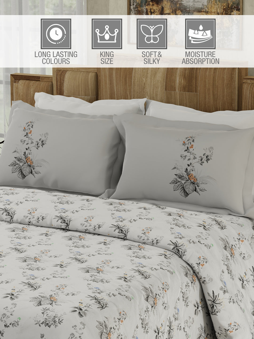 100% Cotton 300 TC White & Grey Digital Floral Print King Bedsheet with 2 Pillow Covers - Gardenia Augusta