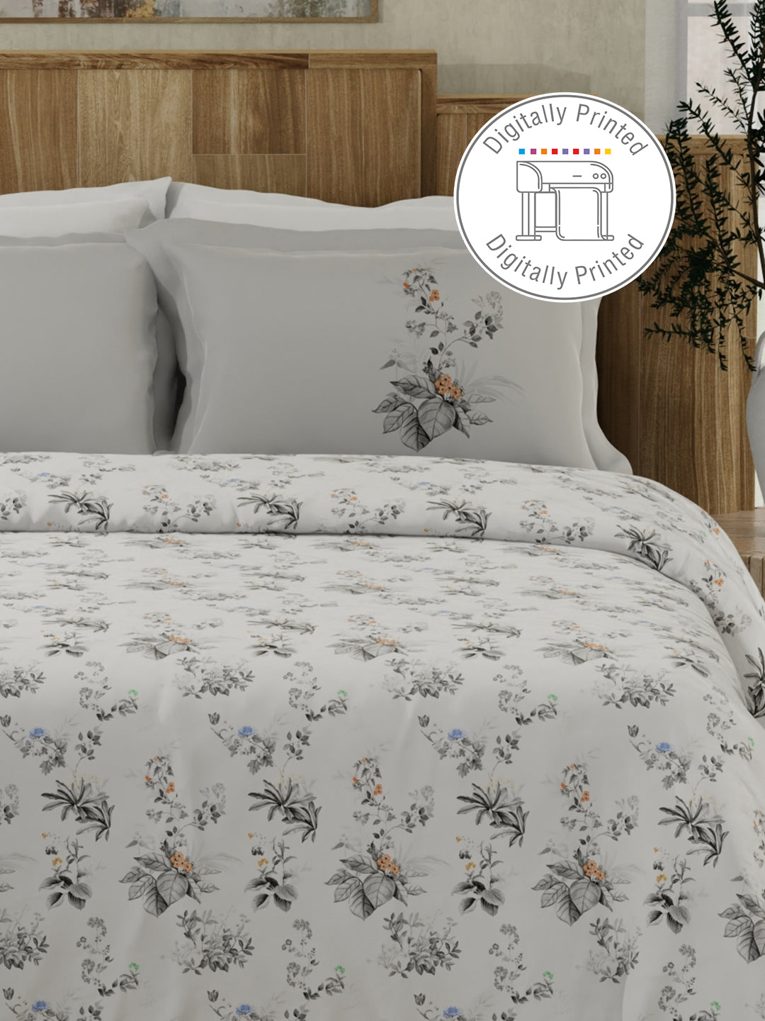 100% Cotton 300 TC White & Grey Digital Floral Print King Bedsheet with 2 Pillow Covers - Gardenia Augusta