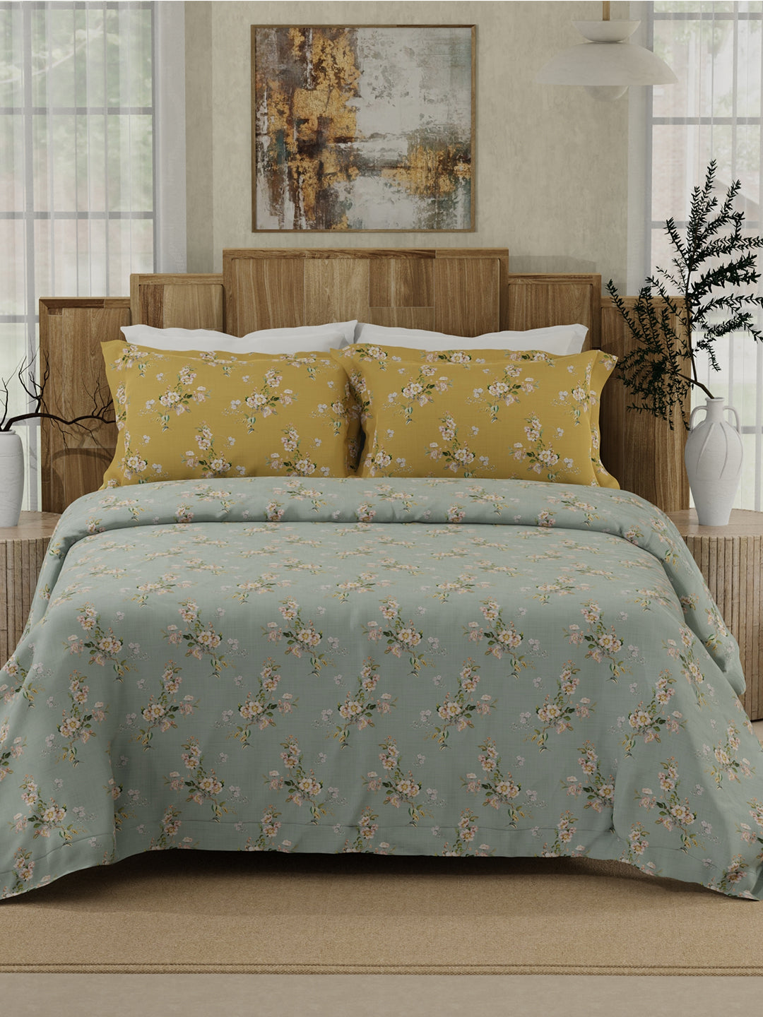 100% Cotton 300 TC Yellow & Grey Digital Floral Print King Bedsheet with 2 Pillow Covers- Gardenia Augusta