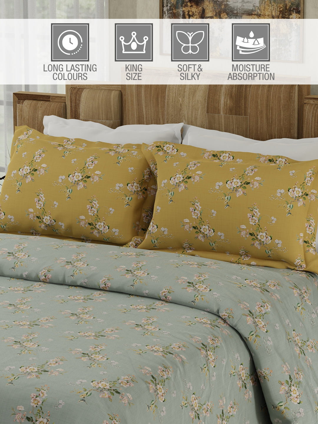 100% Cotton 300 TC Yellow & Grey Digital Floral Print King Bedsheet with 2 Pillow Covers- Gardenia Augusta