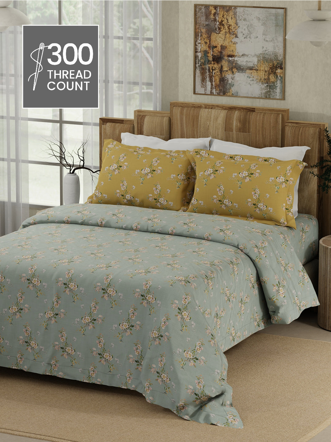100% Cotton 300 TC Yellow & Grey Digital Floral Print King Bedsheet with 2 Pillow Covers- Gardenia Augusta