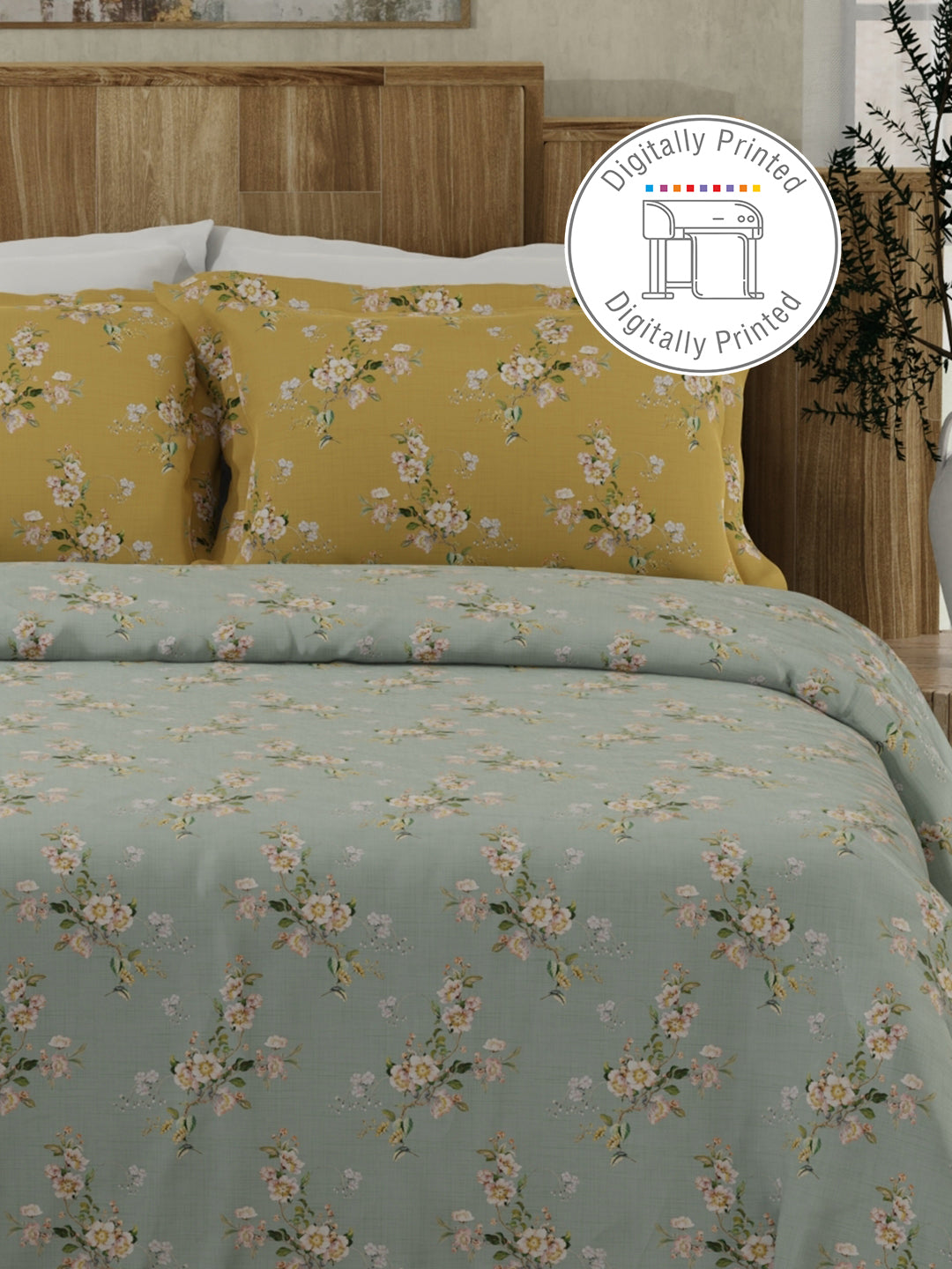 100% Cotton 300 TC Yellow & Grey Digital Floral Print King Bedsheet with 2 Pillow Covers- Gardenia Augusta