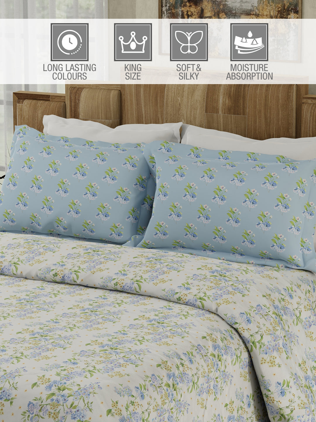 100% Cotton 300 TC Blue & White Digital Floral Print King Bedsheet with 2 Pillow Covers - Gardenia Augusta