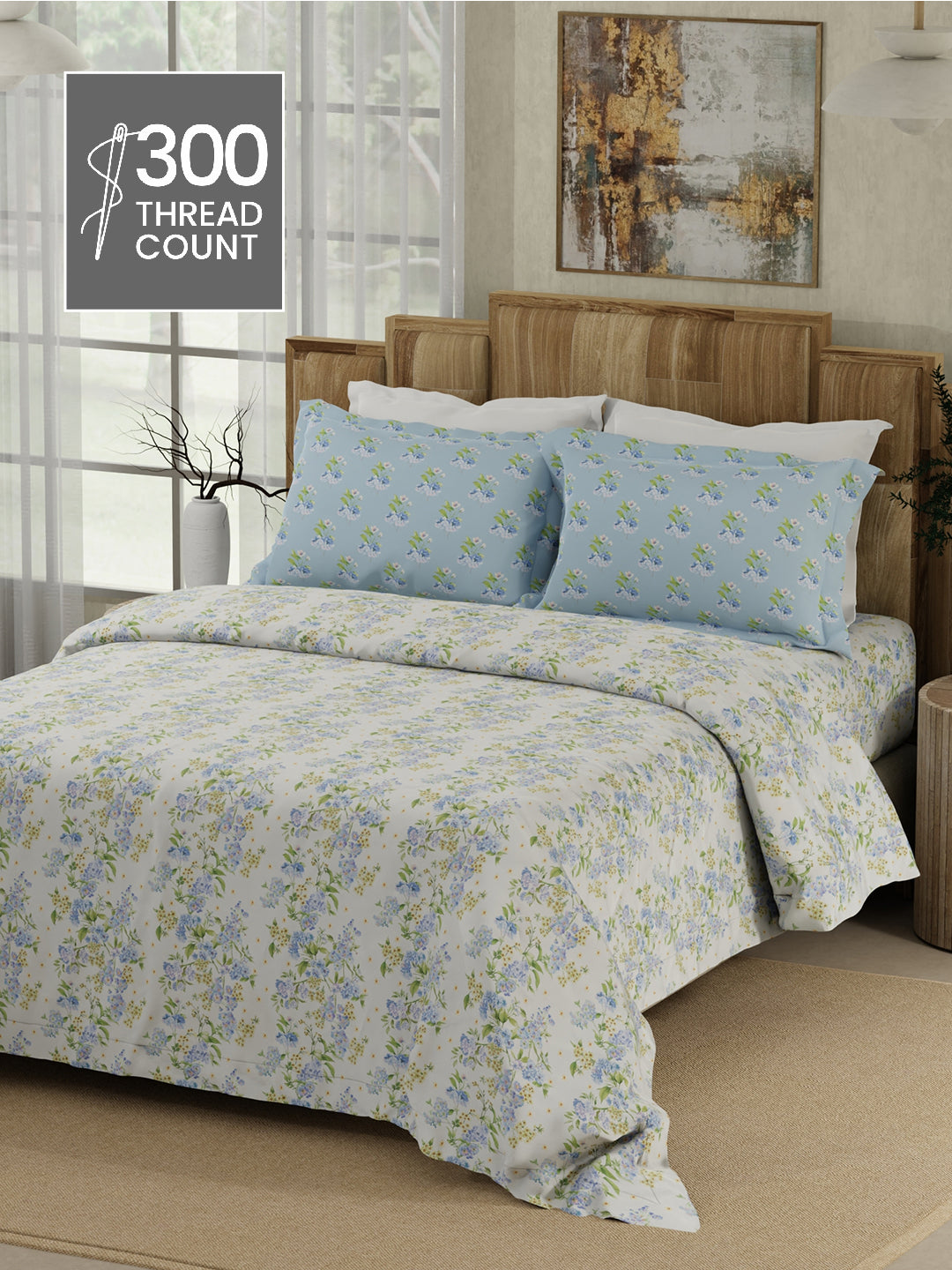100% Cotton 300 TC Blue & White Digital Floral Print King Bedsheet with 2 Pillow Covers - Gardenia Augusta