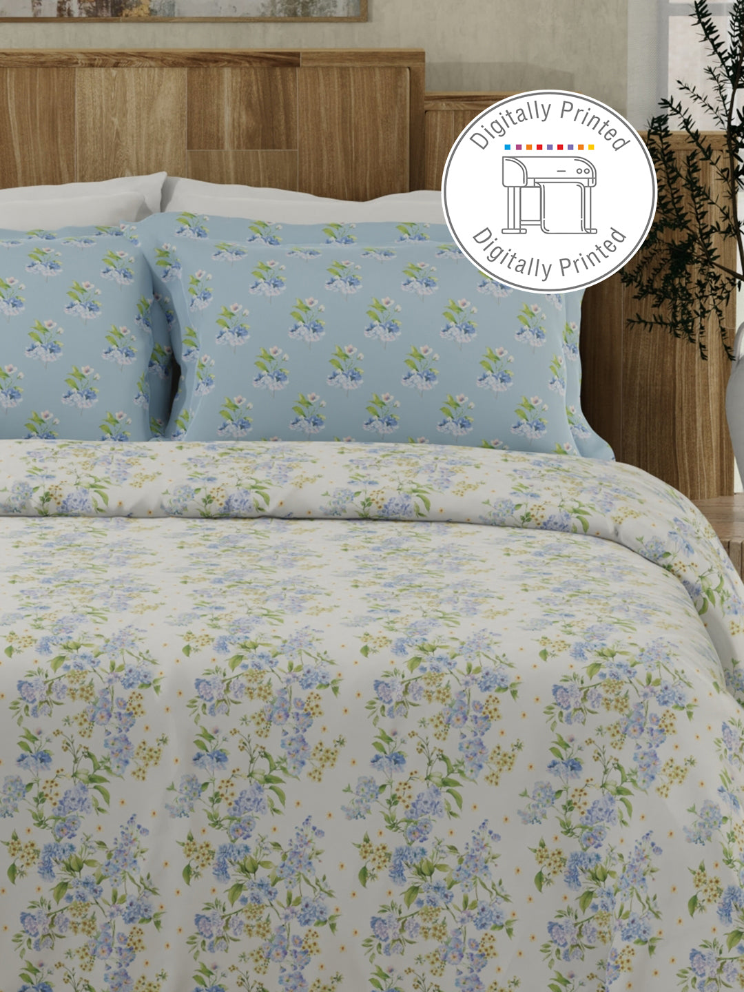 100% Cotton 300 TC Blue & White Digital Floral Print King Bedsheet with 2 Pillow Covers - Gardenia Augusta