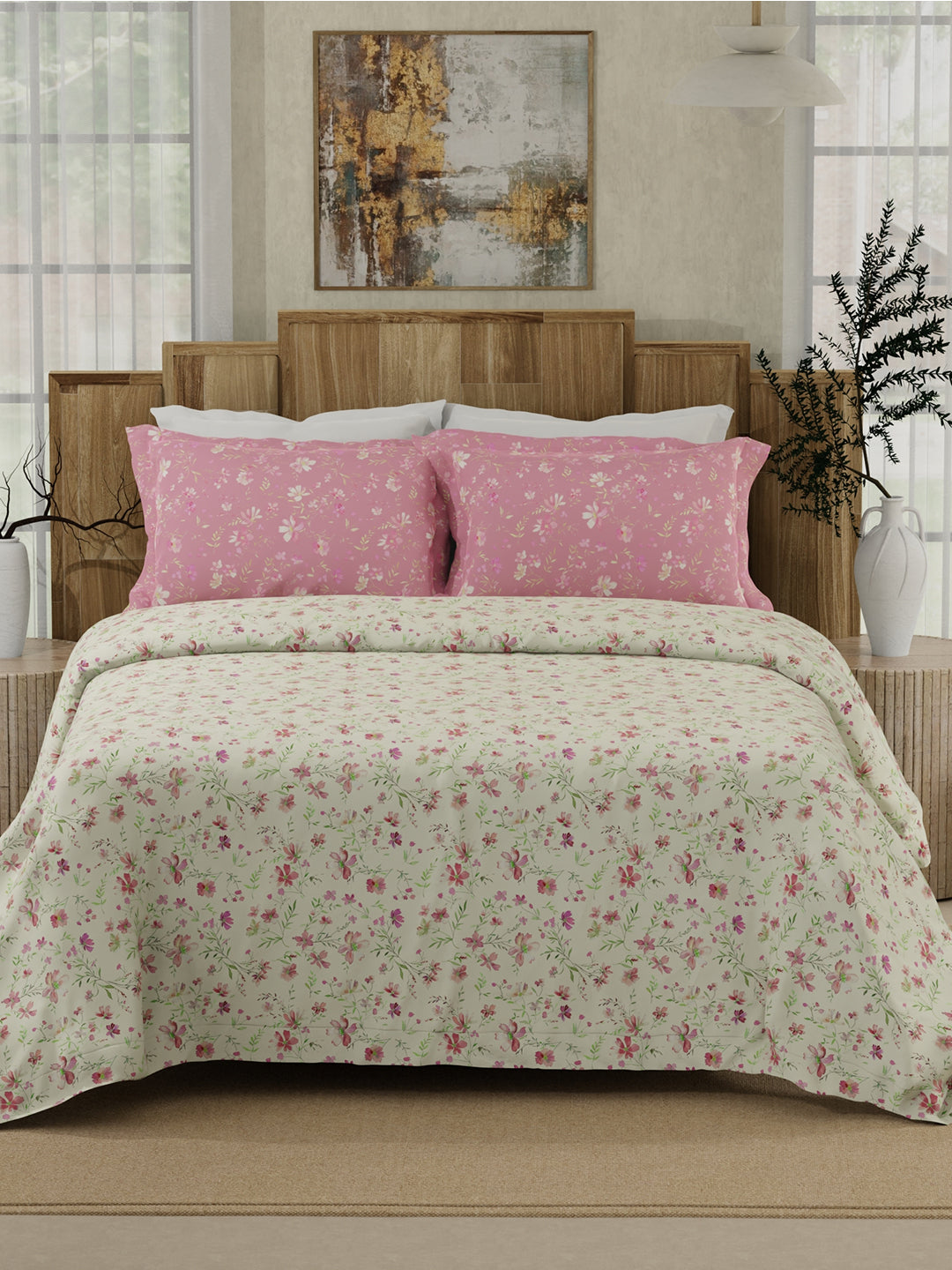 100% Cotton 300 TC Pink & White Digital Floral Print King Bedsheet with 2 Pillow Covers - Gardenia Augusta