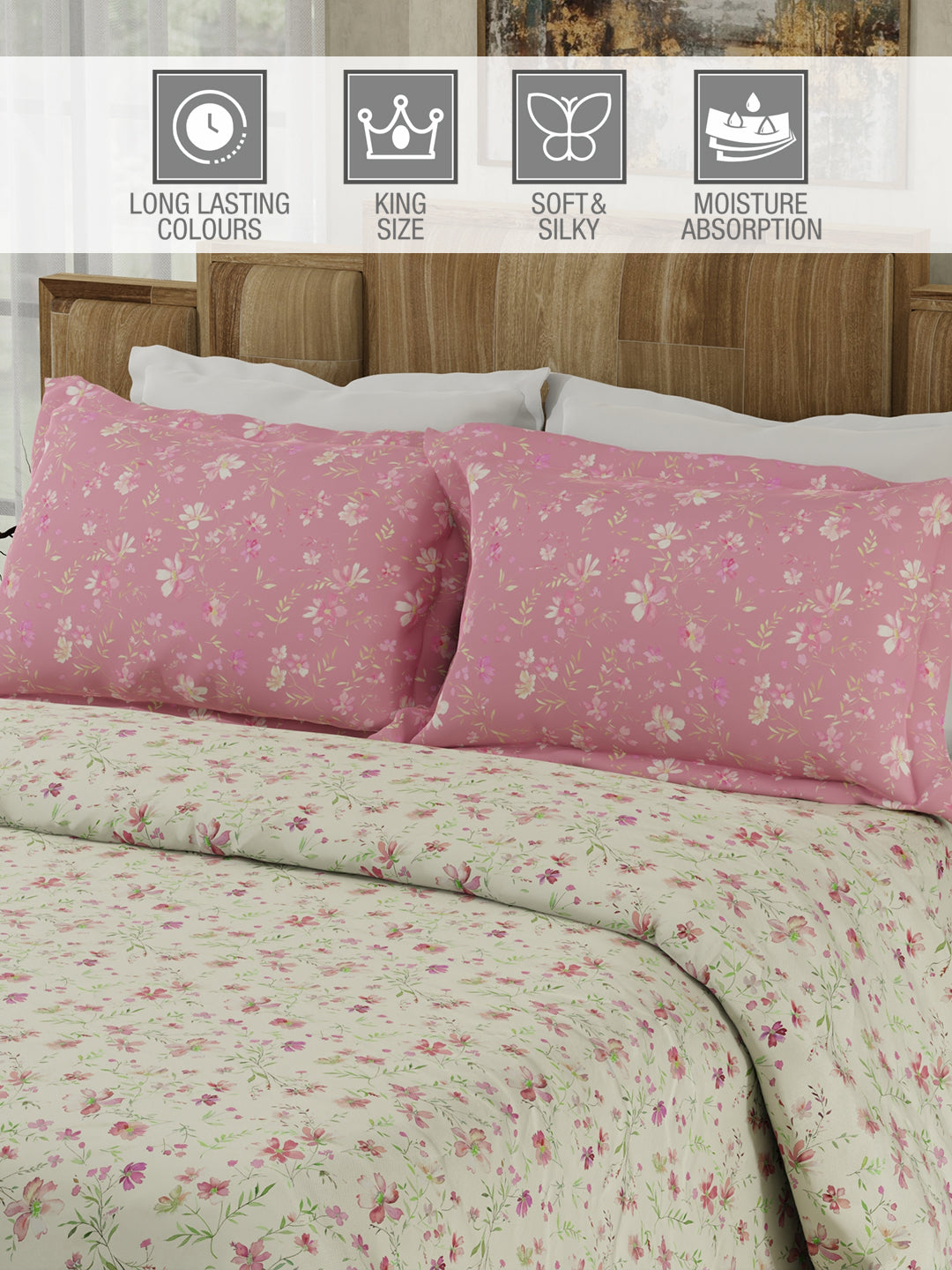 100% Cotton 300 TC Pink & White Digital Floral Print King Bedsheet with 2 Pillow Covers - Gardenia Augusta
