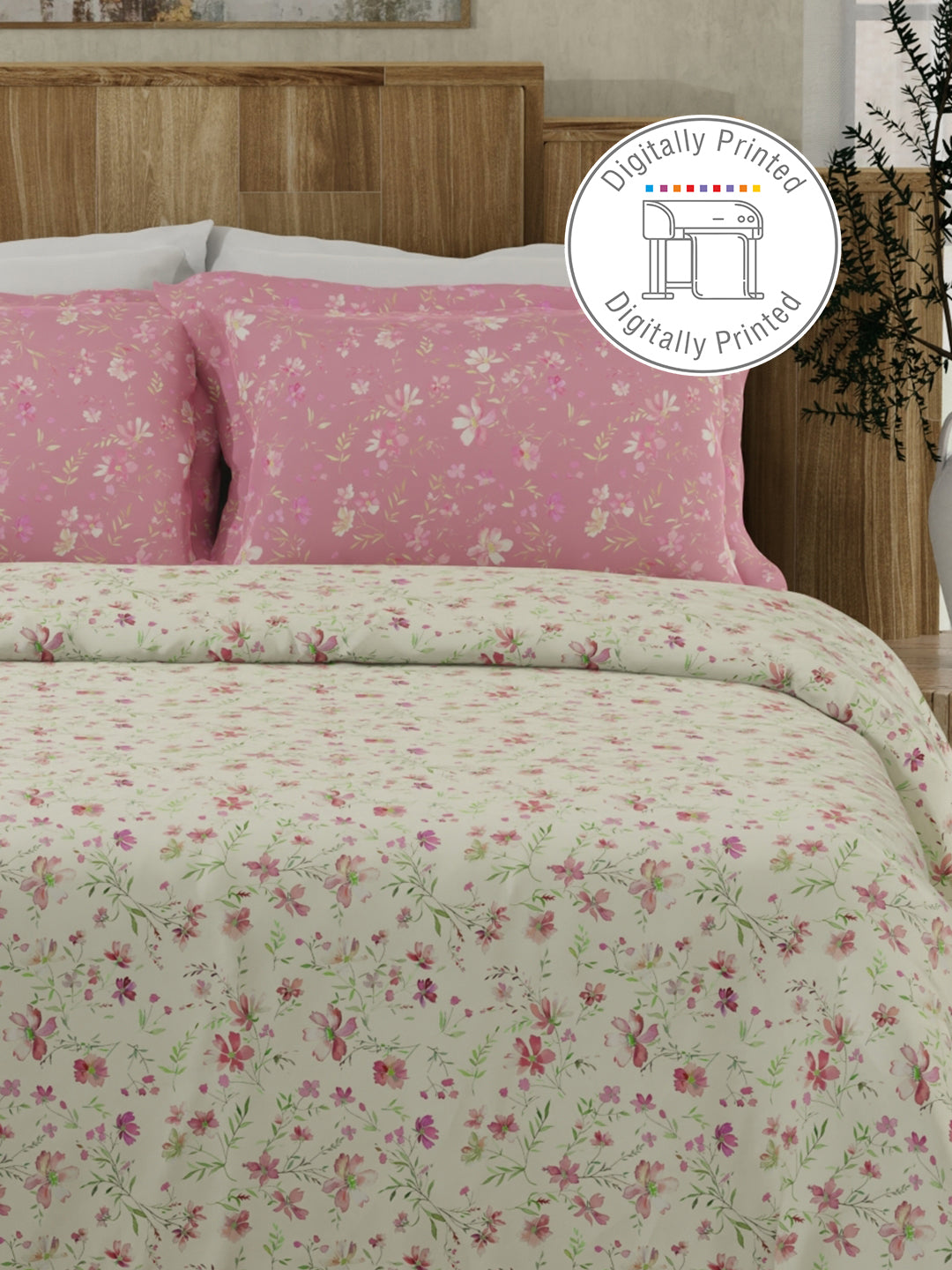 100% Cotton 300 TC Pink & White Digital Floral Print King Bedsheet with 2 Pillow Covers - Gardenia Augusta
