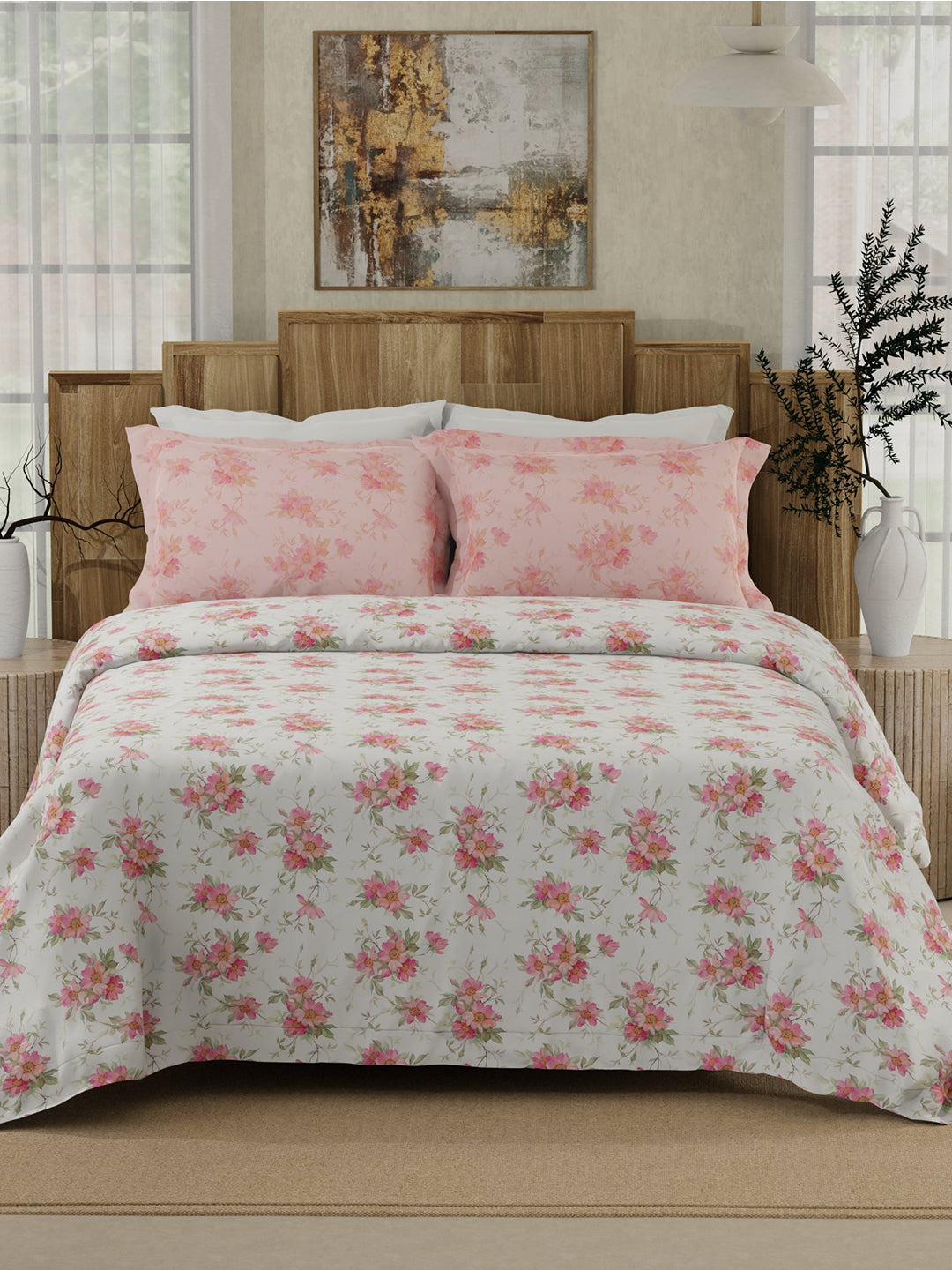 100% Cotton 300 TC White & Pink Digital Floral Print King Bedsheet with 2 Pillow Covers - Gardenia Augusta