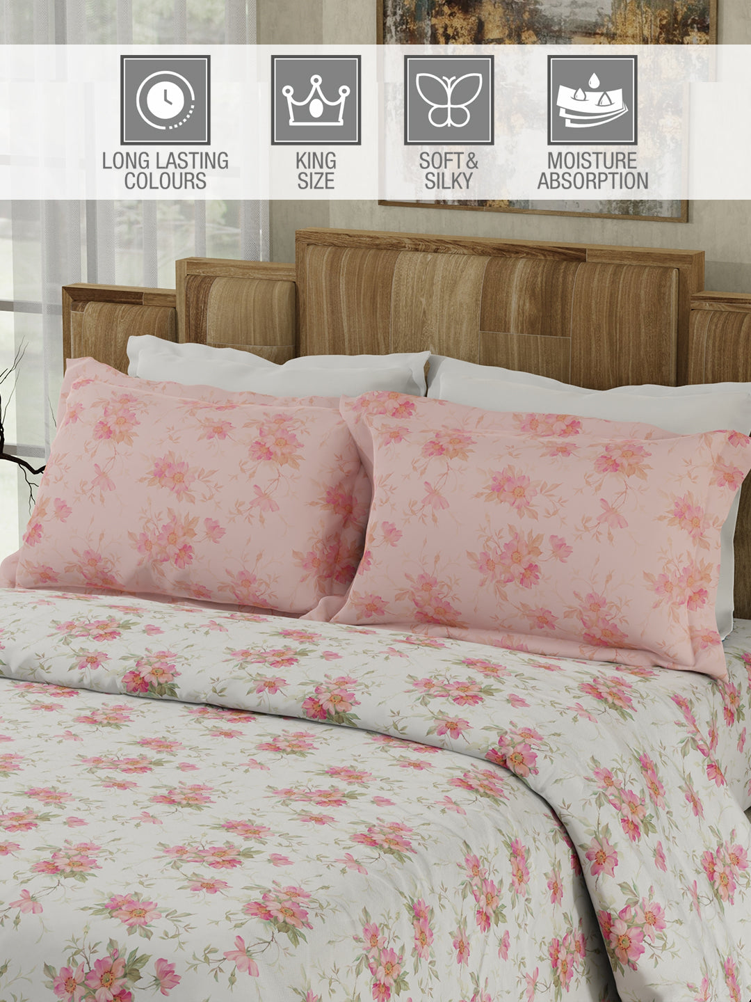 100% Cotton 300 TC White & Pink Digital Floral Print King Bedsheet with 2 Pillow Covers - Gardenia Augusta