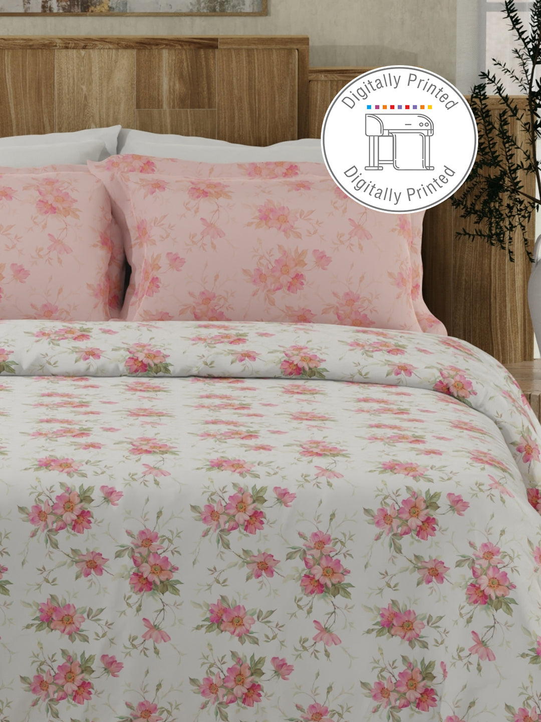 100% Cotton 300 TC White & Pink Digital Floral Print King Bedsheet with 2 Pillow Covers - Gardenia Augusta
