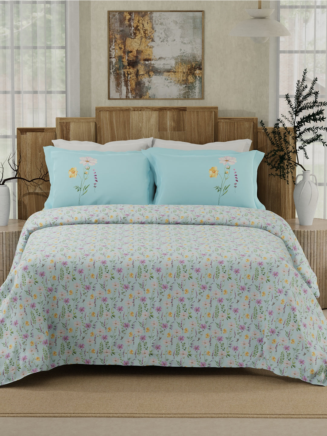 100% Cotton 300 TC Blue Digital Floral Print King Bedsheet with 2 Pillow Covers - Gardenia Augusta