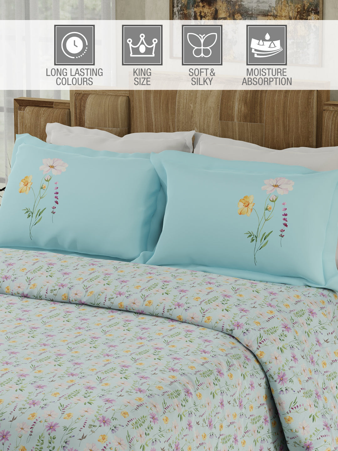 100% Cotton 300 TC Blue Digital Floral Print King Bedsheet with 2 Pillow Covers - Gardenia Augusta