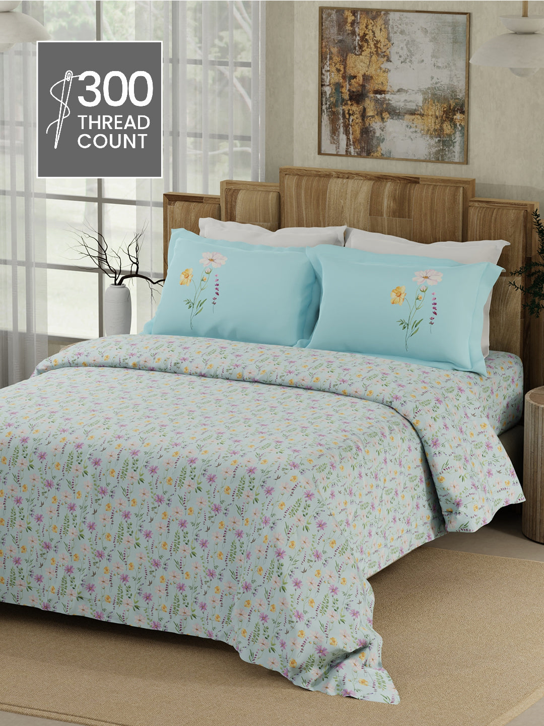100% Cotton 300 TC Blue Digital Floral Print King Bedsheet with 2 Pillow Covers - Gardenia Augusta