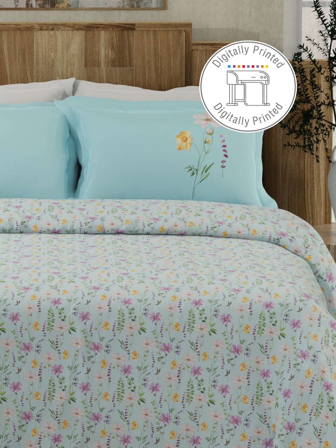 100% Cotton 300 TC Blue Digital Floral Print King Bedsheet with 2 Pillow Covers - Gardenia Augusta