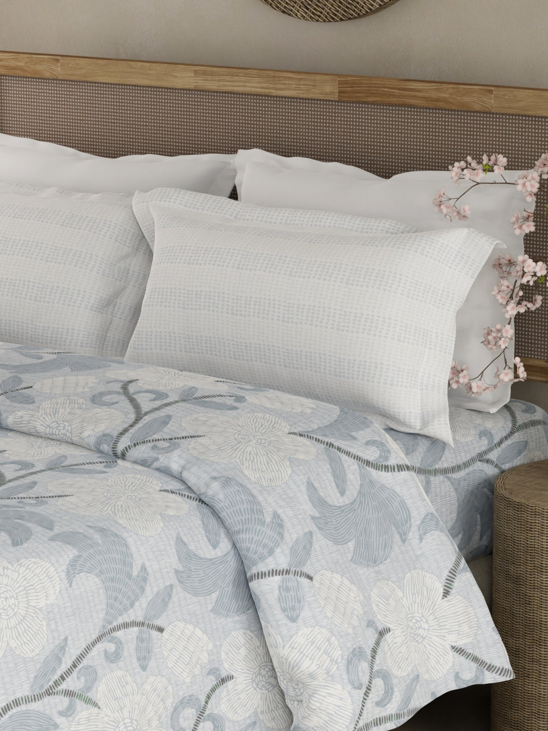 Valatia 100% Cotton 200 TC Double Bedsheet with 2 Pillow Covers - Blue Floral