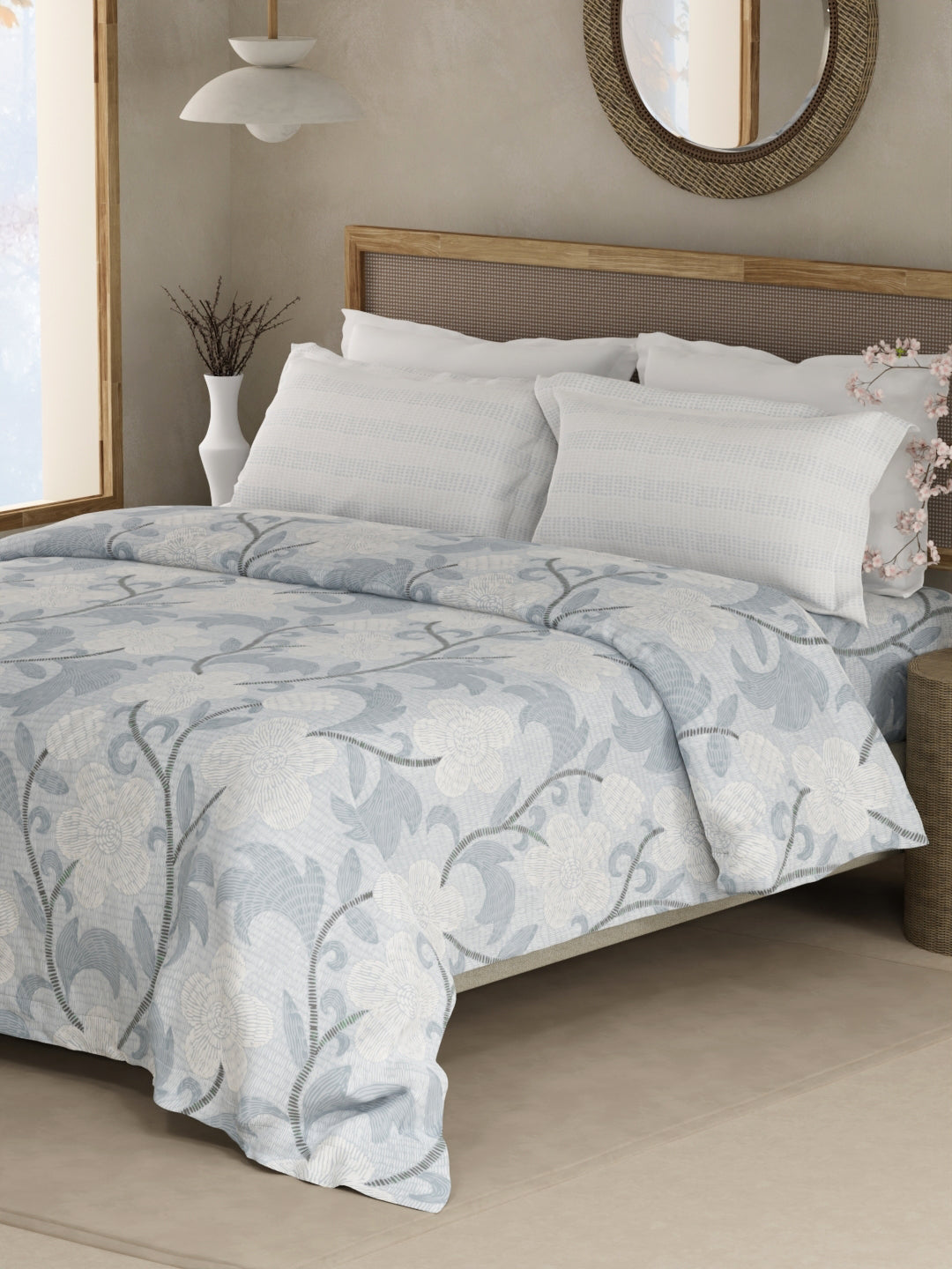 Valatia 100% Cotton 200 TC Double Bedsheet with 2 Pillow Covers - Blue Floral
