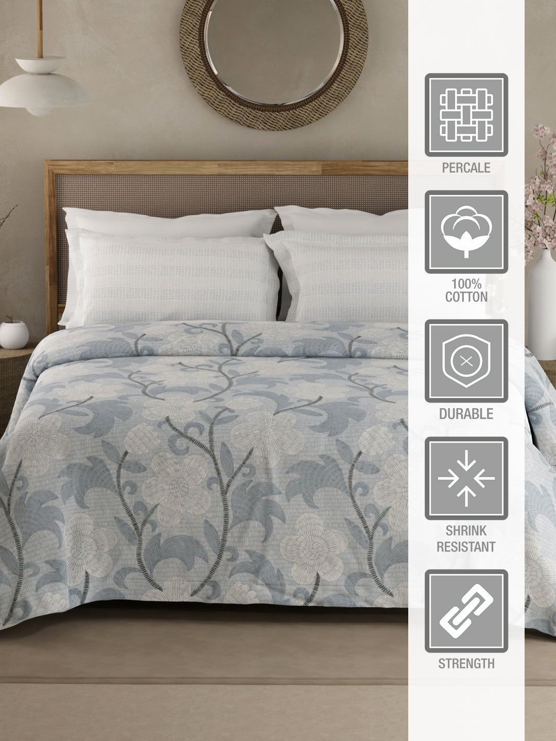 Valatia 100% Cotton 200 TC Double Bedsheet with 2 Pillow Covers - Blue Floral