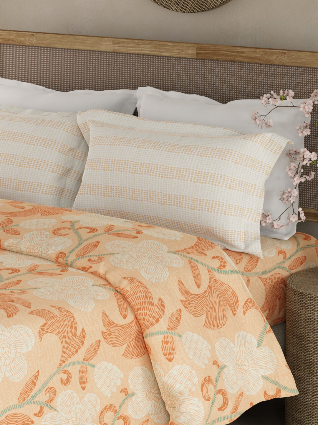 Valatia 100% Cotton 200 TC Double Bedsheet with 2 Pillow Covers - Orange Floral