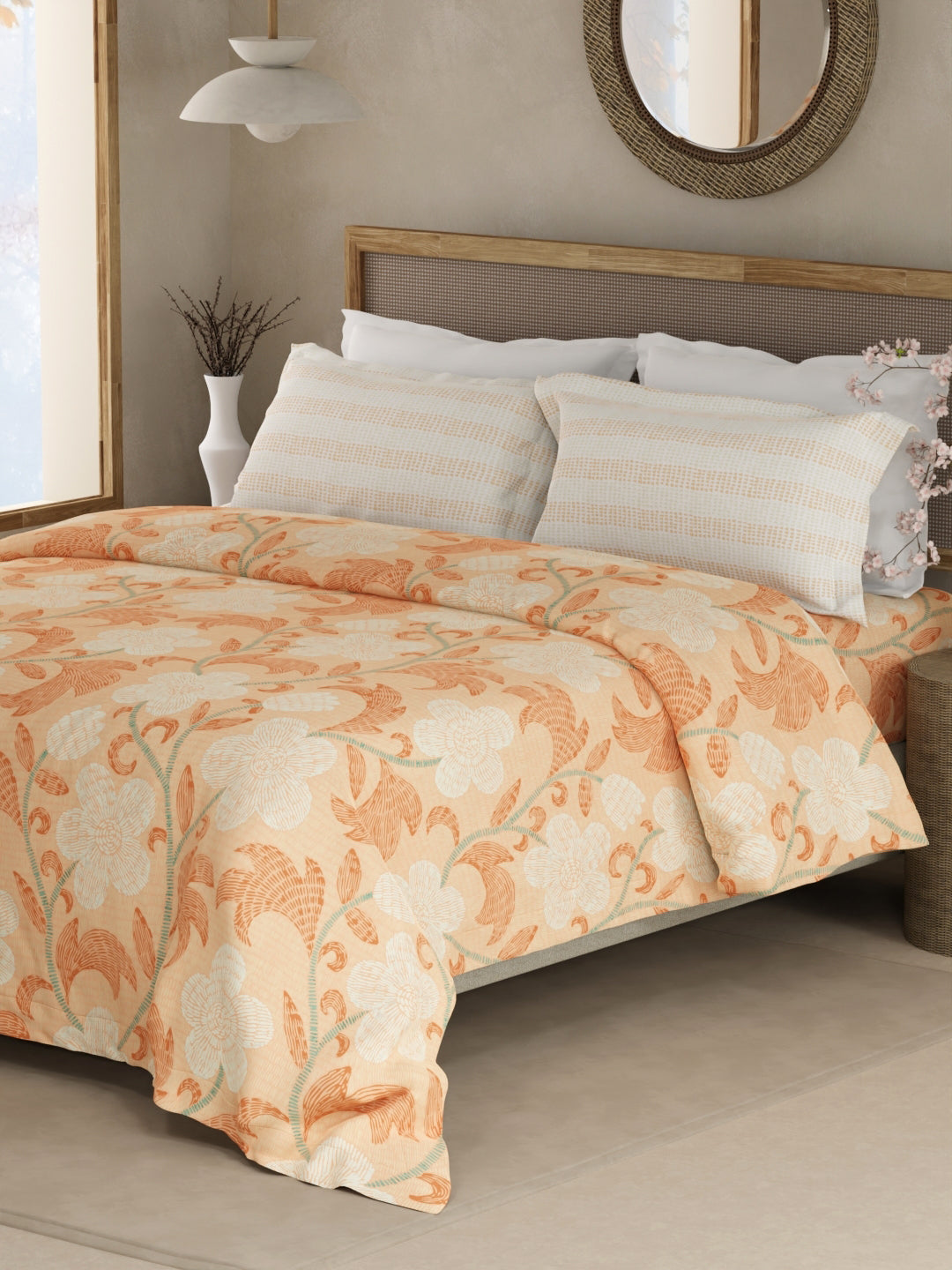 Valatia 100% Cotton 200 TC Double Bedsheet with 2 Pillow Covers - Orange Floral