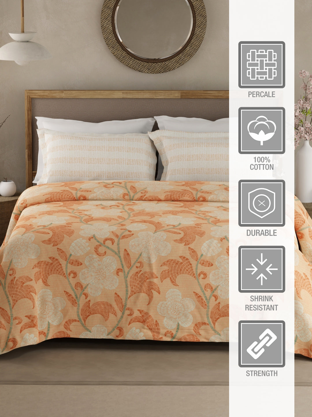 Valatia 100% Cotton 200 TC Double Bedsheet with 2 Pillow Covers - Orange Floral