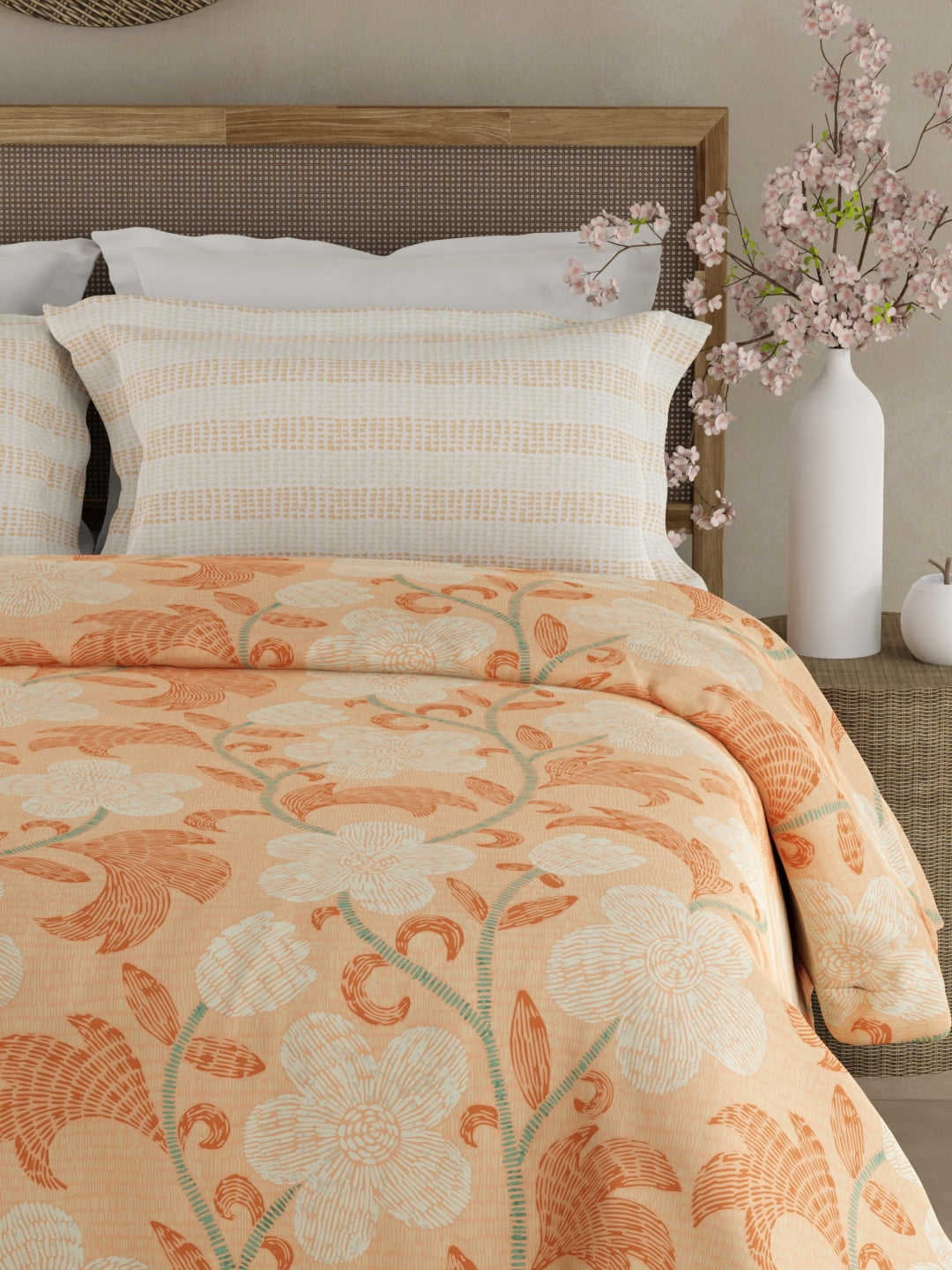 Valatia 100% Cotton 200 TC Double Bedsheet with 2 Pillow Covers - Orange Floral