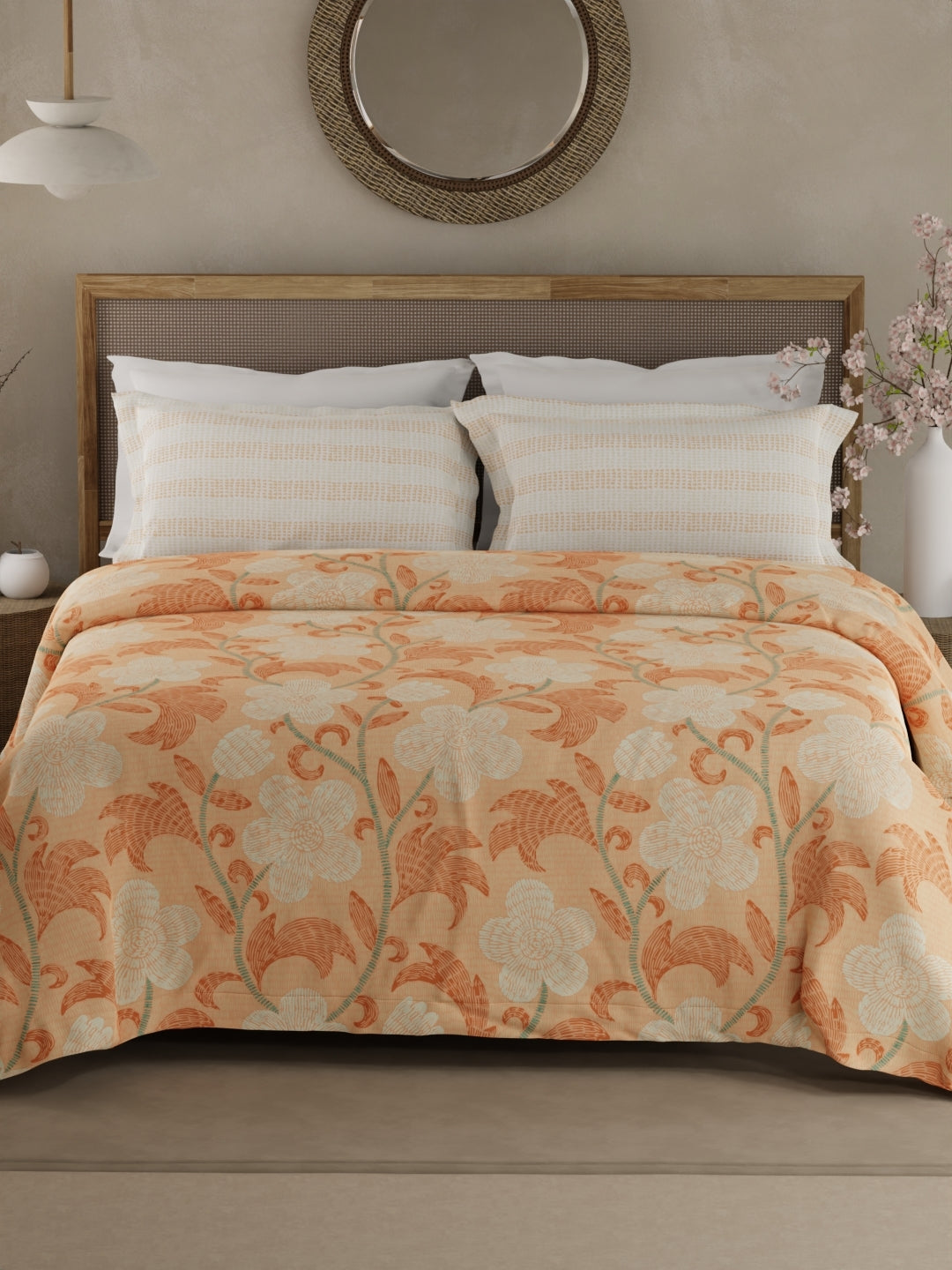 Valatia 100% Cotton 200 TC Double Bedsheet with 2 Pillow Covers - Orange Floral
