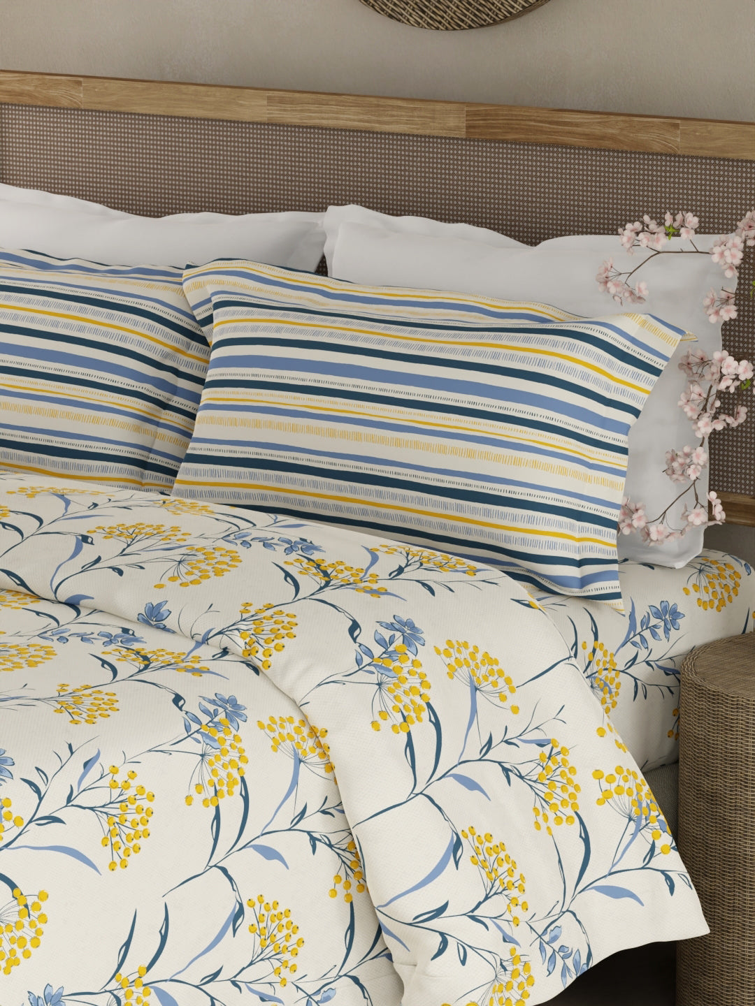 Valatia 100% Cotton 200 TC Double Bedsheet with 2 Pillow Covers - Yellow & Blue Floral