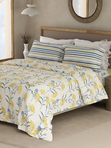 Valatia 100% Cotton 200 TC Double Bedsheet with 2 Pillow Covers - Yellow & Blue Floral