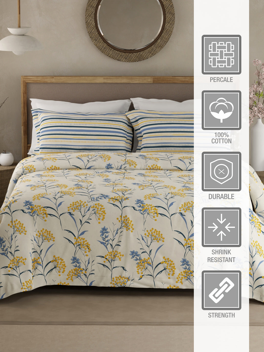 Valatia 100% Cotton 200 TC Double Bedsheet with 2 Pillow Covers - Yellow & Blue Floral