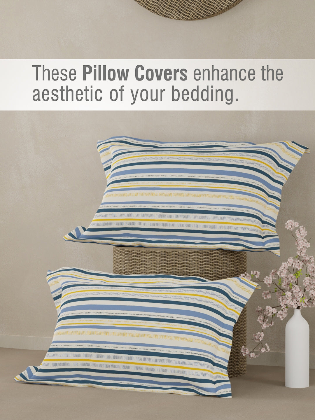 Valatia 100% Cotton 200 TC Double Bedsheet with 2 Pillow Covers - Yellow & Blue Floral