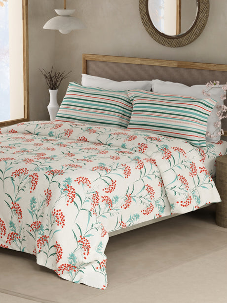 Valatia 100% Cotton 200 TC Double Bedsheet with 2 Pillow Covers - Red & Blue Floral