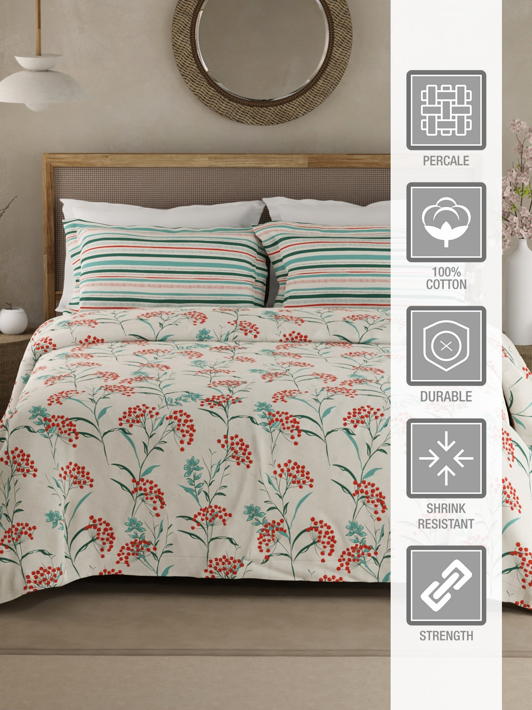 Valatia 100% Cotton 200 TC Double Bedsheet with 2 Pillow Covers - Red & Blue Floral